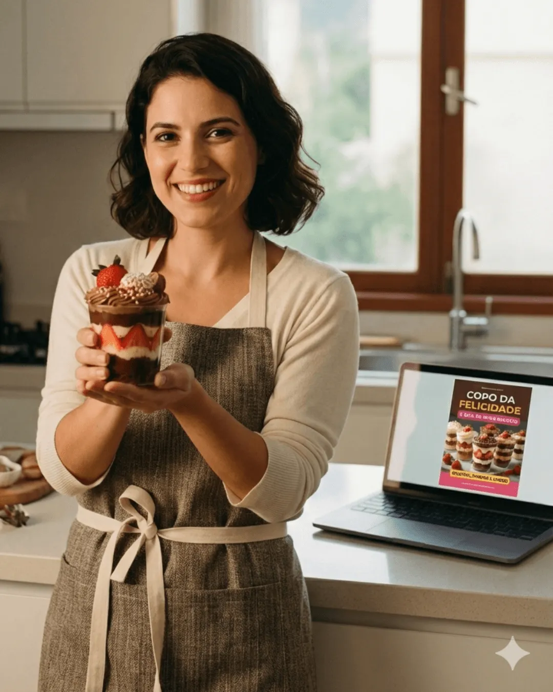 Mulher feliz produzindo doces na cozinha